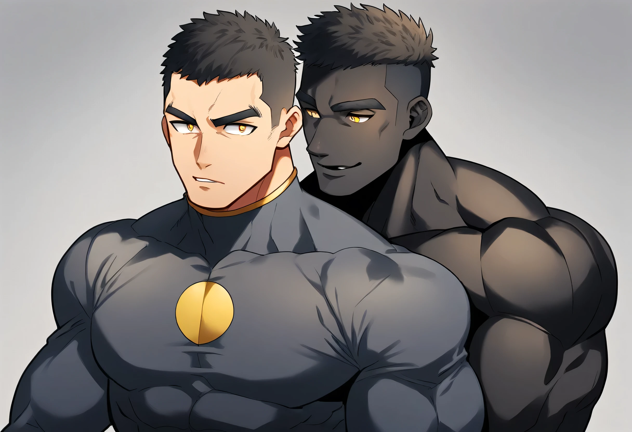 anime characters：Two superheroes in tights, Muscle superhero, negro black skin, They hugged and kissed each other, Caress, Manliness, male focus, Yellow and black striped high collar long sleeve tight T-shirt, Slightly transparent material, Very tight, Round, full and perky chest muscles, Male dog waist, Slightly transparent, muscular male, muscular, only, Upper body, alone, Black short hair, Thick eyebrows, stubble, Yellow eyes, Grey background, simple background, amazing quality, best aesthetics, Ridiculous, bright pupils, crew cut, parted lips, seductive smile, torogao, naughty face, drop shadow, best quality