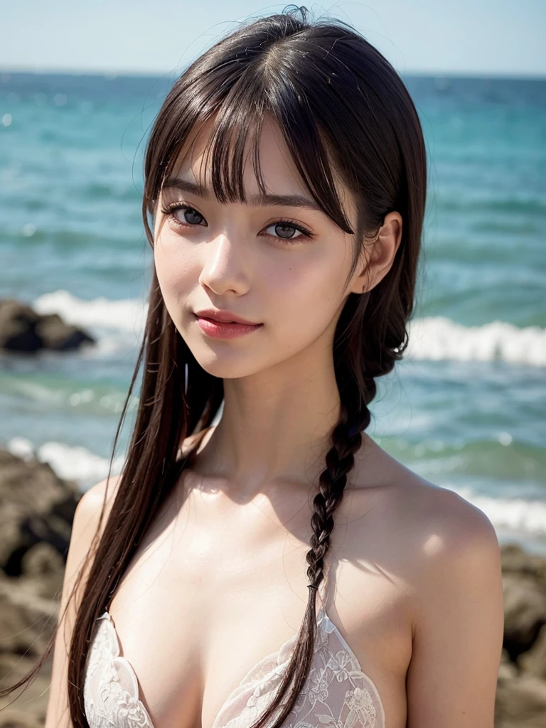 a beautiful smiling girl with long black twin-tail hair, flower hair accessory, ????, by the seaside, highly detailed portrait, intricate details, 8k, photorealistic, masterpiece, stunning colors, soft lighting, glowing skin, beautiful face, detailed eyes, long eyelashes, elegant expression, natural pose, serene atmosphere, romantic scenery, vibrant colors, atmospheric lighting, ethereal, dreamlike
