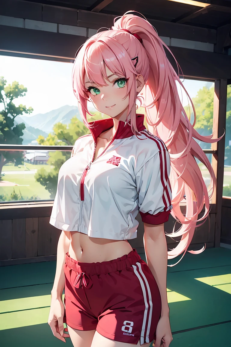 ((1 Girl)), cute, smile, White top, Red shorts with white lines on the sides, Gym suit,Cowboy Shot,((Very detailed,Highest quality, High resolution, 8k wallpaper, Beautiful clothes,)),((Pink Hair, Long Hair,Straight hair,ponytail)) ,(Green Eyes),eye shadow, eyeliner,Glowing Eyes, Very detailed目, Complex eyes, Beautiful Eyes, ((輝くGreen Eyes)), 18-year-old girl