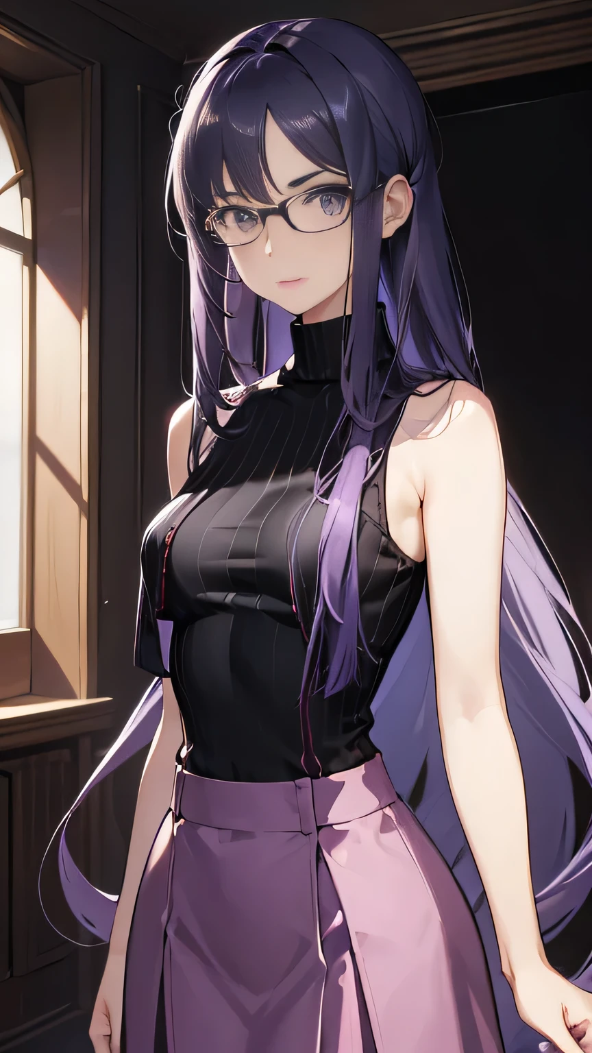 ((masterpiece)), accurate, high details, (detailed eyes), best quality, highres, super detail, Turtleneck sweater, sleeveless, flare skirt, (lavender colored clothing), black hair, long hair, straight hair, mole under eye, rimless eyewear, Inside the room, afternoon sun, Put her hands behind her back, from back