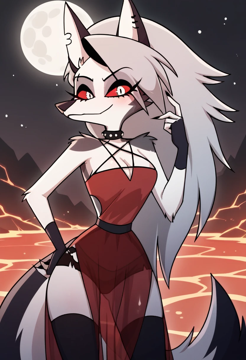 score_9, score_8_up, BREAK, source_anime, (1girl, solo), uncensored, perfect body, slim, thigh highs, fingerless gloves,
anthro, furry, pose, cleavage, blush, evil smirk, hell, lava, buildings in background, full moon, sexy pose, sexy red gown
Loona \(Helluva Boss\),