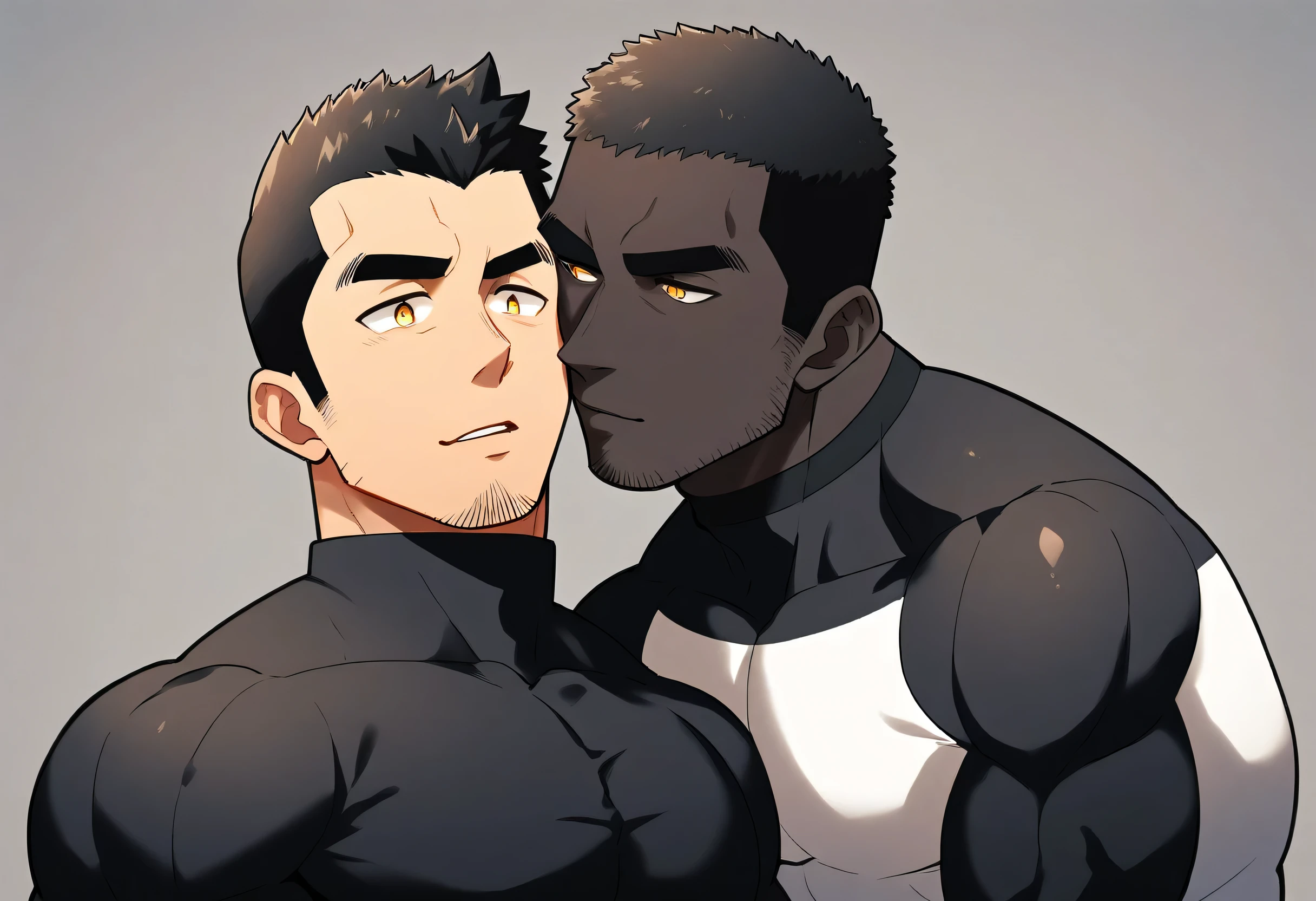 anime characters:Two superheroes in tights, Muscle superhero, negro black skin, They hugged and kissed each other, Caress, Manliness, male focus, Yellow and black striped high collar long sleeve tight T-shirt, Slightly transparent material, Very tight, Round, full and perky chest muscles, Male dog waist, Slightly transparent, muscular male, muscular, only, Upper body, alone, Black short hair, Thick eyebrows, stubble, Yellow eyes, Grey background, simple background, amazing quality, best aesthetics, Ridiculous, bright pupils, crew cut, parted lips, seductive smile, torogao, naughty face, drop shadow, best quality