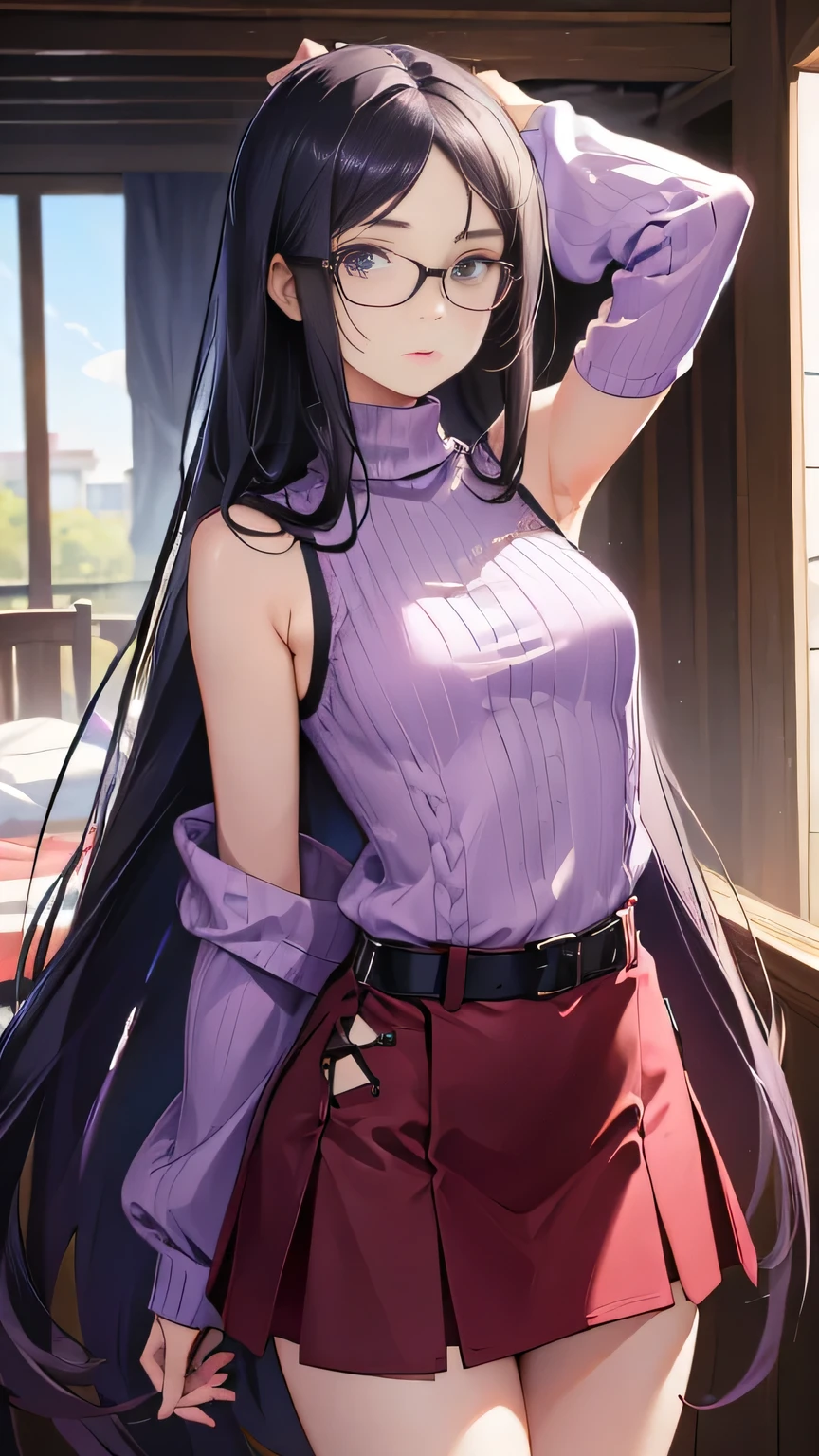 ((masterpiece)), accurate, high details, (detailed eyes), best quality, highres, super detail, Turtleneck sweater, sleeveless, flare skirt, (lavender colored clothing), black hair, long hair, straight hair, mole under eye, rimless eyewear, Inside the room, afternoon sun, Put her hands behind her back, from back