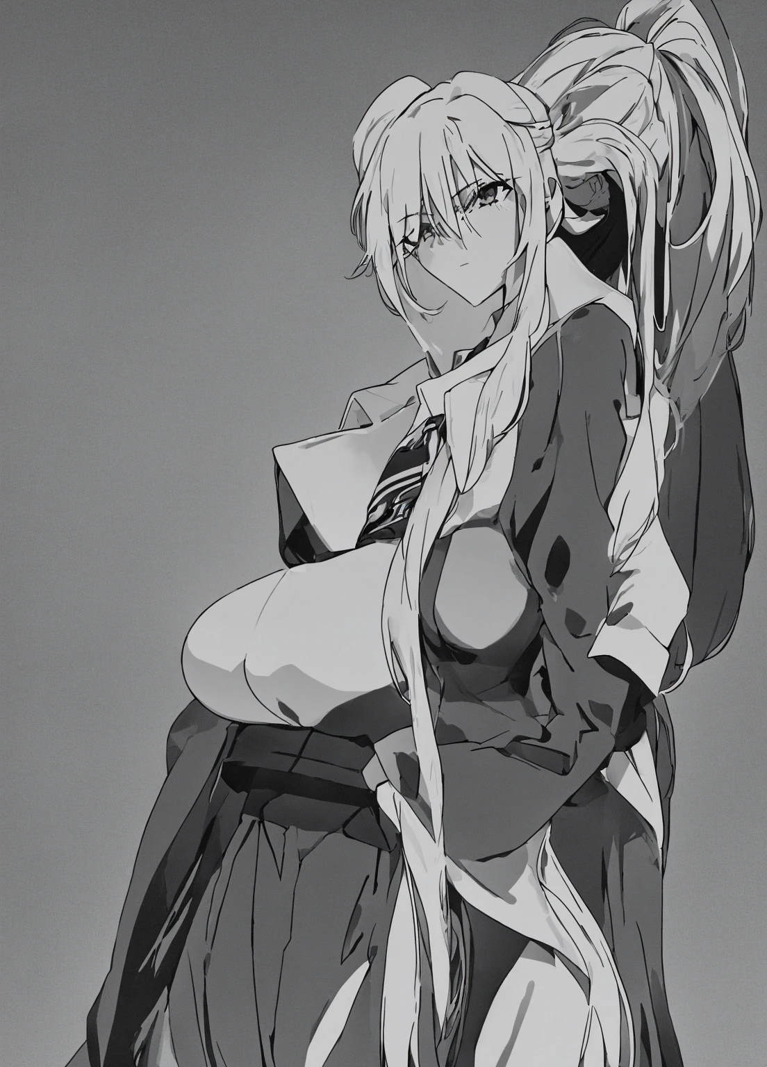 1girl, solo, long hair, breasts, looking at viewer, shirt, long sleeves, hair between eyes, closed mouth, very long hair, jacket, upper body, ponytail, sidelocks, necktie, huge breasts, parted bangs, blazer,
