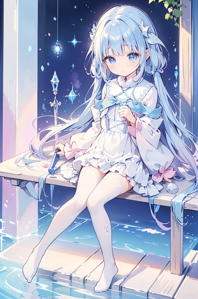 A magical girl with a mermaid motif、Highest quality、Loriータ、Confused eyes、Primary school students、small、Lori、Young Girl、Water Manipulation Magic、Magical girl who controls water、beautiful girl、cute、Full-body portrait、light blue、Have a koto、Playing the lyre、Clear eyes、pose、Magic Exercises