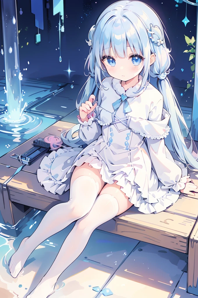 A magical girl with a mermaid motif、Highest quality、Loriータ、Confused eyes、Primary school students、small、Lori、Young Girl、Water Manipulation Magic、Magical girl who controls water、beautiful girl、cute、Full-body portrait、light blue、Have a koto、Playing the lyre、Clear eyes、pose、Magic Exercises