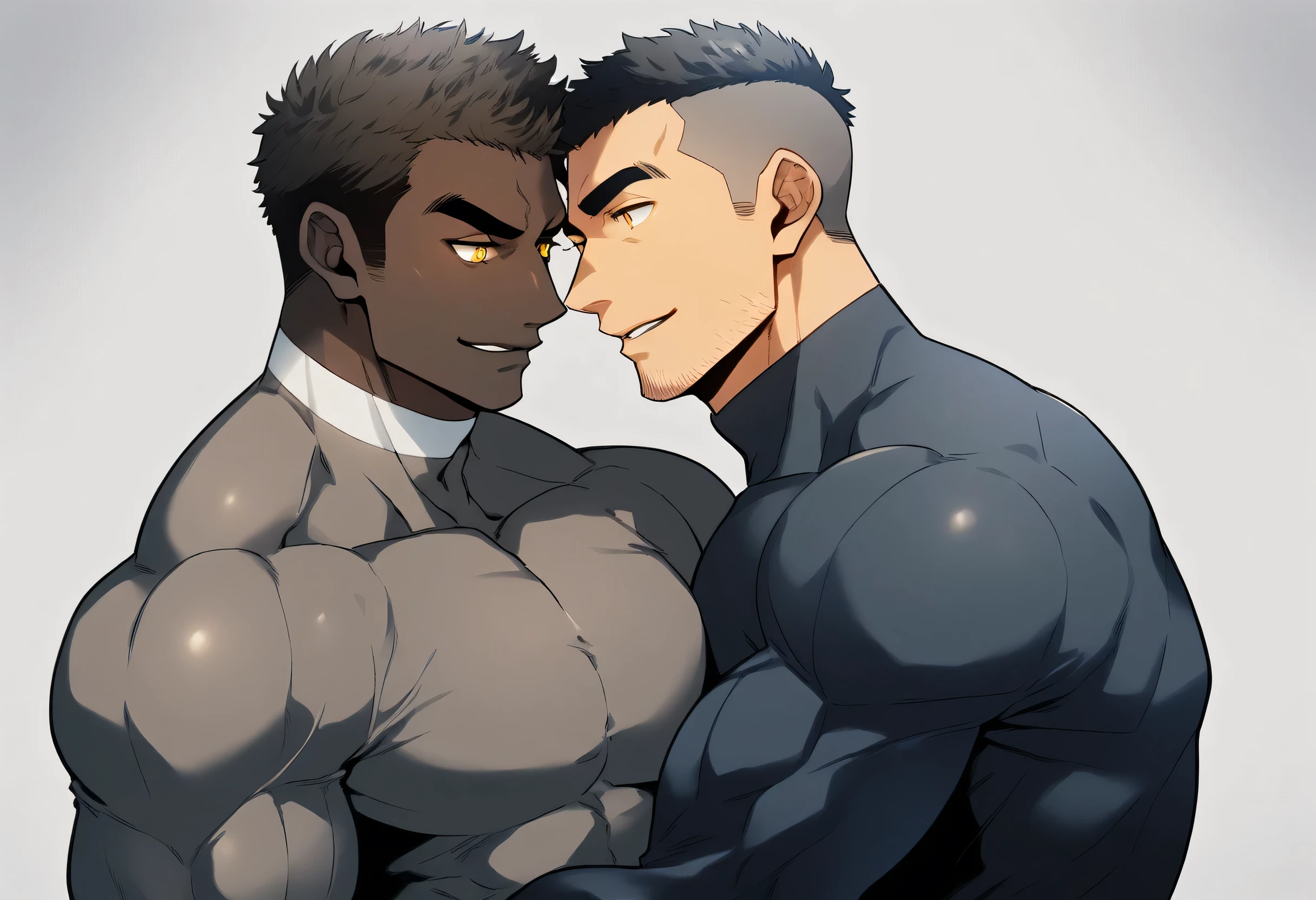 anime characters：Two superheroes in tights, Muscle superhero, negro black skin, They hugged and kissed each other, Caress, Manliness, male focus, Yellow and black striped high collar long sleeve tight T-shirt, Slightly transparent material, Very tight, Round, full and perky chest muscles, Male dog waist, Slightly transparent, muscular male, muscular, only, Upper body, alone, Black short hair, Thick eyebrows, stubble, Yellow eyes, Grey background, simple background, amazing quality, best aesthetics, Ridiculous, bright pupils, crew cut, parted lips, seductive smile, torogao, naughty face, drop shadow, best quality