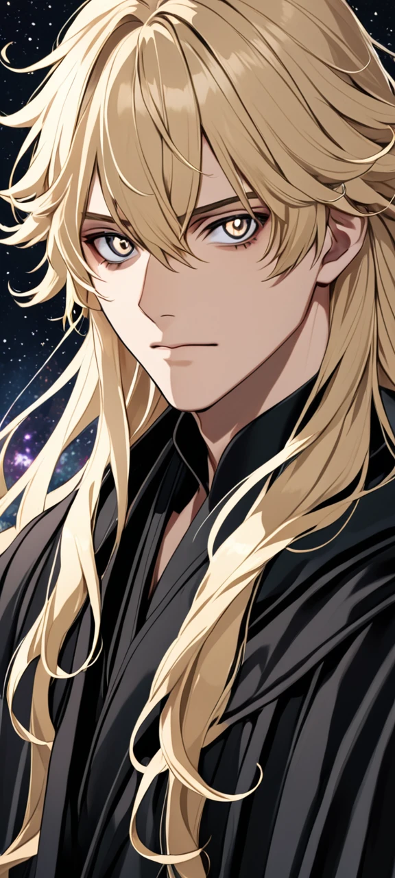 A guy with long wavy blond hair and black eyes , star-shaped pupils, black robe