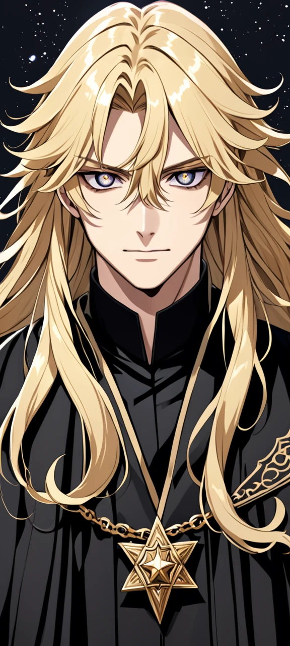 A guy with long wavy blond hair and black eyes , star-shaped pupils, black robe