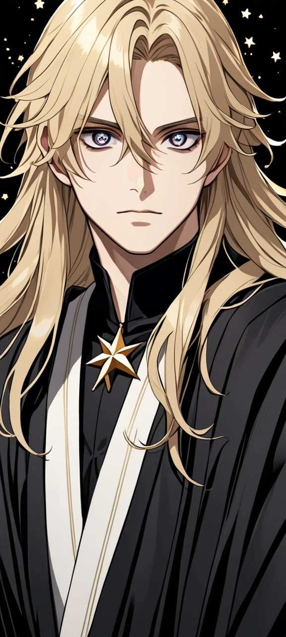 A guy with long wavy blond hair and black eyes , star-shaped pupils, black robe