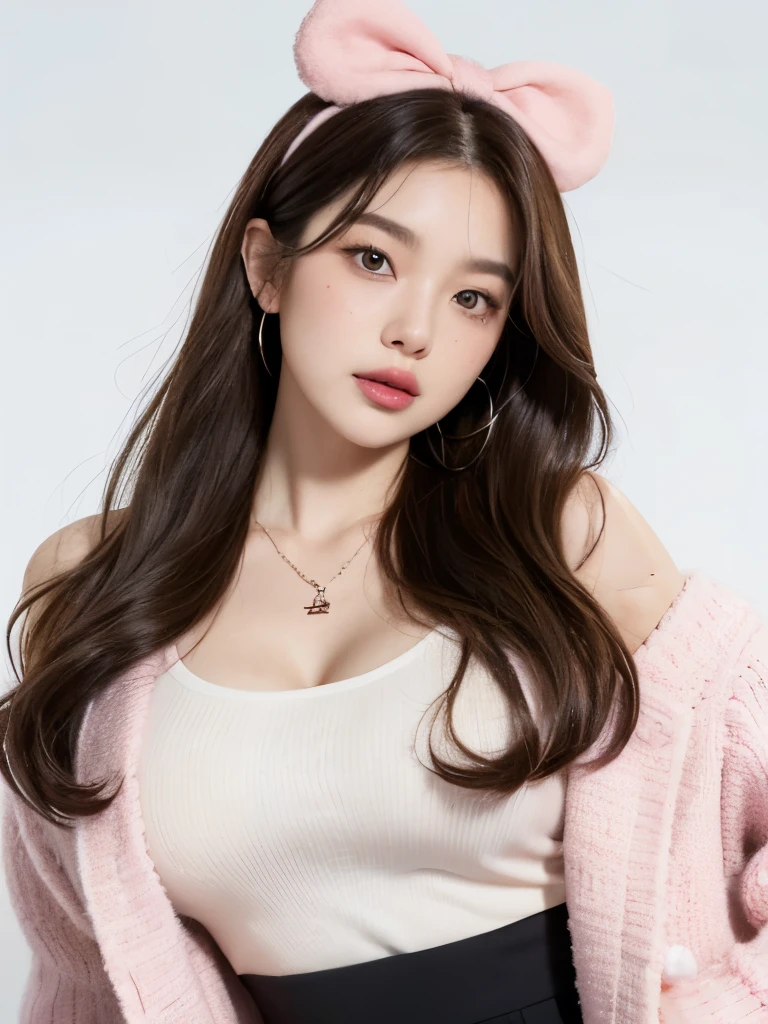 Kim Jennie with white brown hair, with curlers at the ends, with two bows on each side of the hair, all her hair white brown, with a star clip in her white brown hair, light colored eyes, pretty eyes, crying eyes, pretty, upturned nose, watery nose, Pretty lips, pink lips, heart and cupid shaped lip, pretty skin, pale, White skin, with moles and freckles all over his face, soft pink blush on the cheeks, natural pink blush, soft pink makeup, Jennie, nice neck, marked collar, frown, tender look, with a kiss necklace, a pretty kiss necklace, similar to Yumeko Jabami, while wearing a Crochet YK2, woolen, with a YK2 style brown mini skirt, while wearing a jacket with bear prints, while having a bare abdomen, Delgado, marked and pretty, (big breasts, soft breasts, nice breasts), while she is cosplaying the character Yumeko Jabami, The anime Kakegurui, While he is with a nice friend, looking to the camera