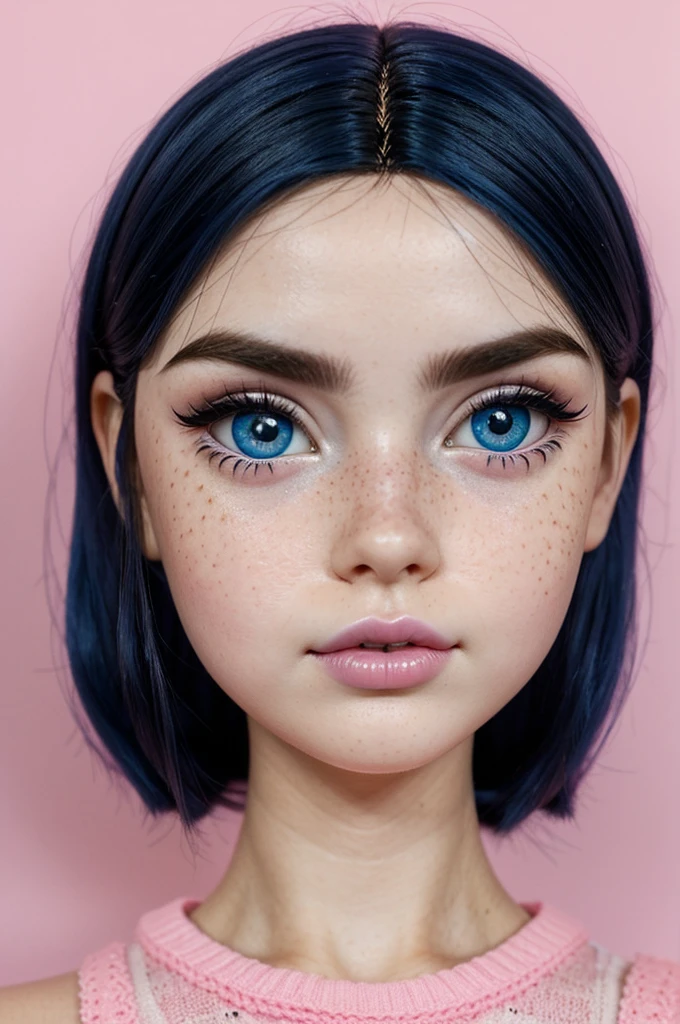 Blythe doll
blue eyes
Black hair
freckles
pink lips
pink cheeks