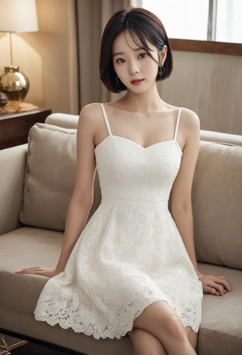Comfortable everyday look, woman in black dress, living room, chest B cup, Inspired by Jiwon Kim, jiyun chae, inspired by Russell Lu Dongjun, Song inspired by Gao Qipei, by Russell Lu Dongjun, Inspired by Shin Min-jeong., /Short hair
