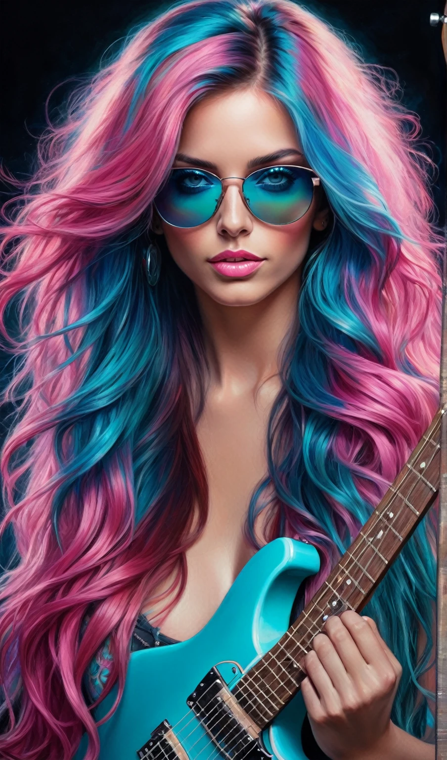 Masterpiece, top, very realistic, very detailed, original photo, Drawing of a beautiful woman with long colorful hair in shades of pink, blue, and turquoise, bright eyes, holding a guitar facing the viewer. The background should be dark to contrast with the bright hair color. frontal, close up camera