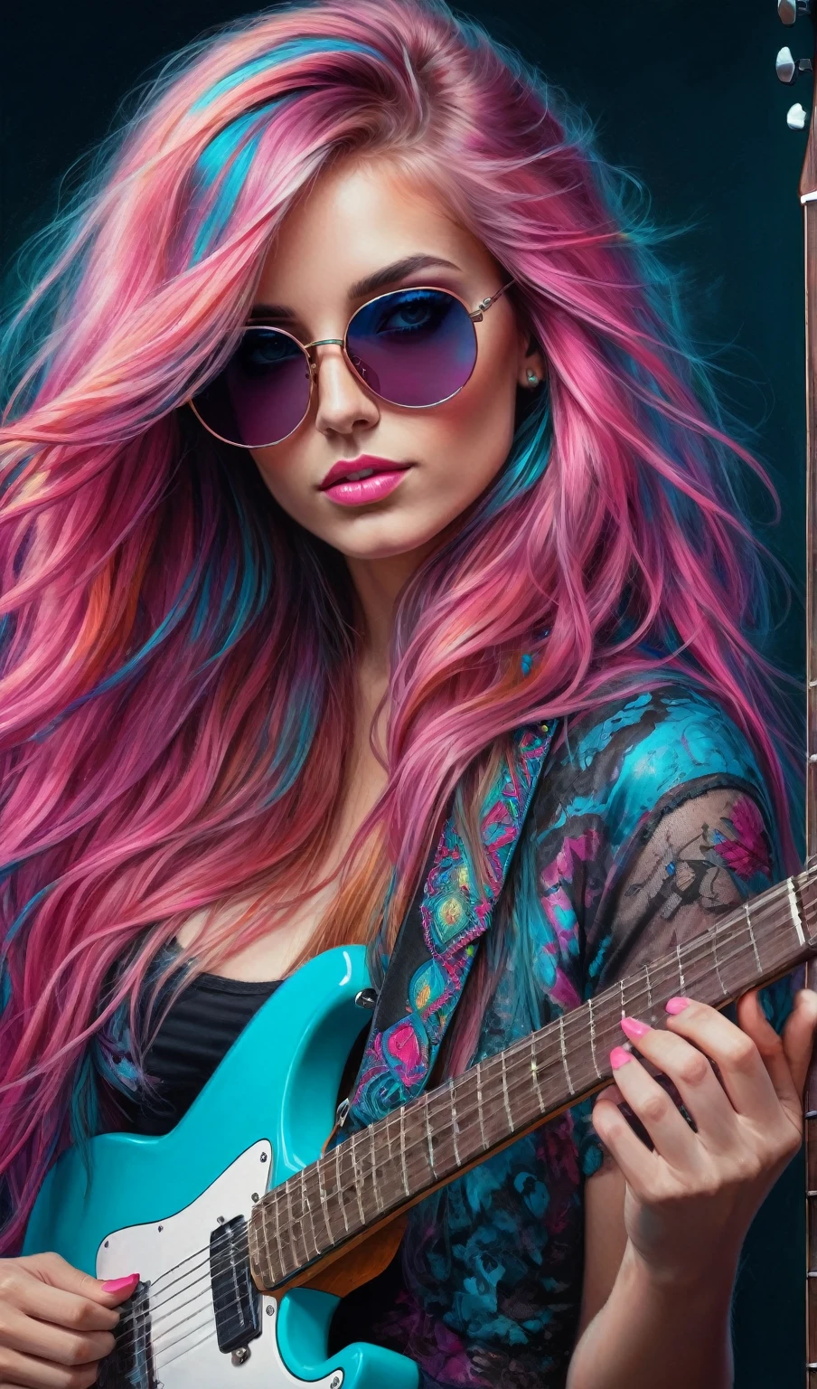 Masterpiece, top, very realistic, very detailed, original photo, Drawing of a beautiful woman with long colorful hair in shades of pink, blue, and turquoise, bright eyes, holding a guitar facing the viewer. The background should be dark to contrast with the bright hair color. frontal, close up camera