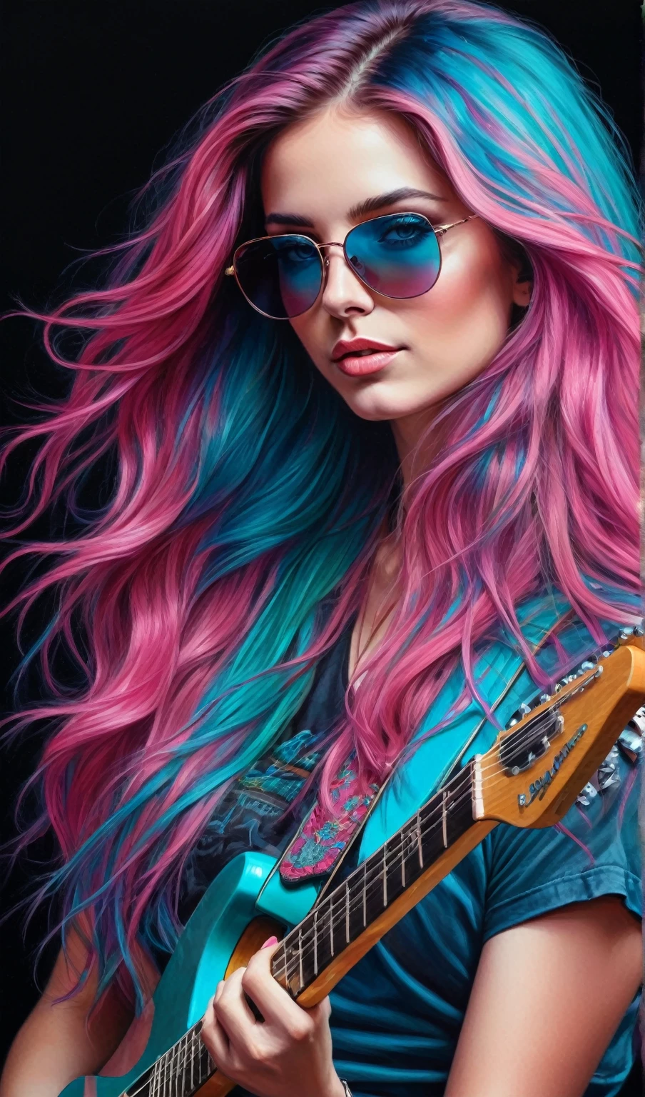 Masterpiece, top, very realistic, very detailed, original photo, Drawing of a beautiful woman with long colorful hair in shades of pink, blue, and turquoise, bright eyes, holding a guitar facing the viewer. The background should be dark to contrast with the bright hair color. frontal, close up camera