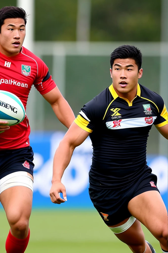 Picture of a handsome Asian rugby player with short hair and no beard.. Presented in a sporty and attractive style., Express your athleticism and charm in a respectful and appropriate environment., without identifying any specific person.