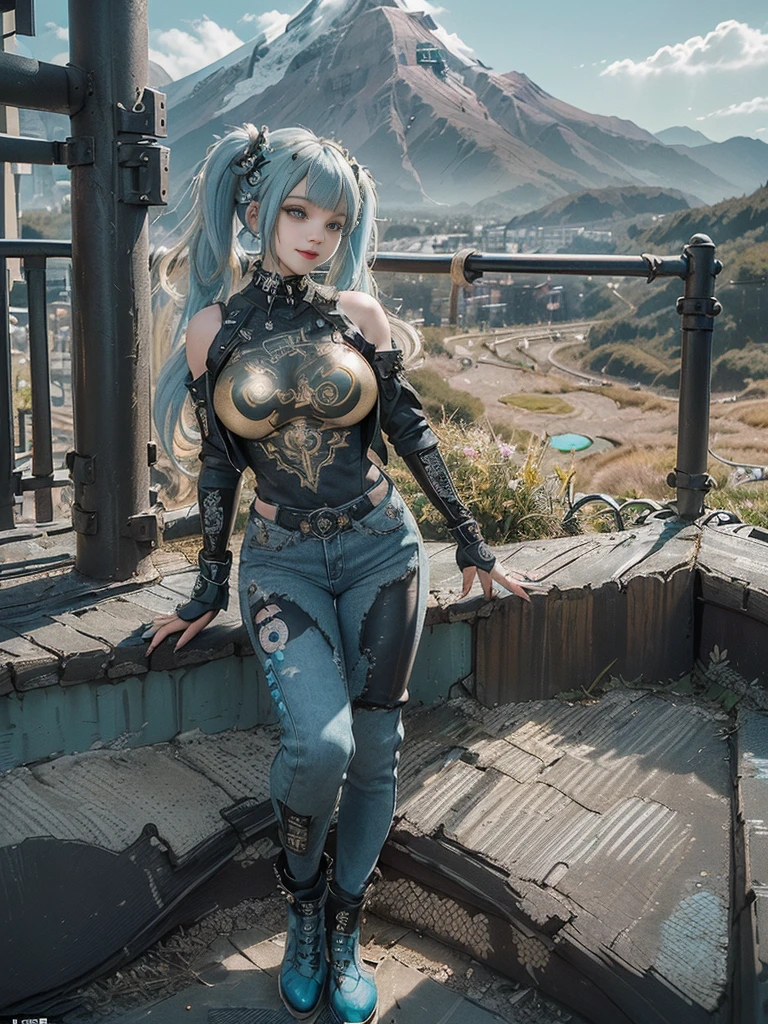 (Full Body View:1.4)、(Full body:1.3)、(Smiling with teeth showing:1.3),(Shibuya Gal:1.5)、(Gothic Lolita style fashion:1.5)、(Punk RockVisual Kei:1.5)、(Wearing a rhythmic gymnastics bodysuit with intricate details:1.4)、(Racing suit and pants with intricate turquoise, denim and charcoal decorations:1.5)、(Denim and light blue and turquoise boots:1.3)、((belt))、(Numerous delicate logo marks all over the costume:1.4)、(collar:1.3)、(Polka dot underwear:1.5)、20-year-old、NSFW、((Highest quality、In 8K、masterpiece:1.3))、Sharp focus:1.2、(Layered Cut、Huge boobs:1.1),Beautiful woman with perfect figure:1.4、(do a gravure pose:1.3)、Slender Abs:1.2、Highly detailed face and skin texture、Detailed eyes、double eyelid,(Twin tails:1.3)、(Black brown hair:1.3)、Gravure idol、(The background is a vast mountain々Beautiful luxury resort destination in Europe:1.3)、(Slim body:1.3),(Make your legs thinner:1.4),(clavicle:1.1)