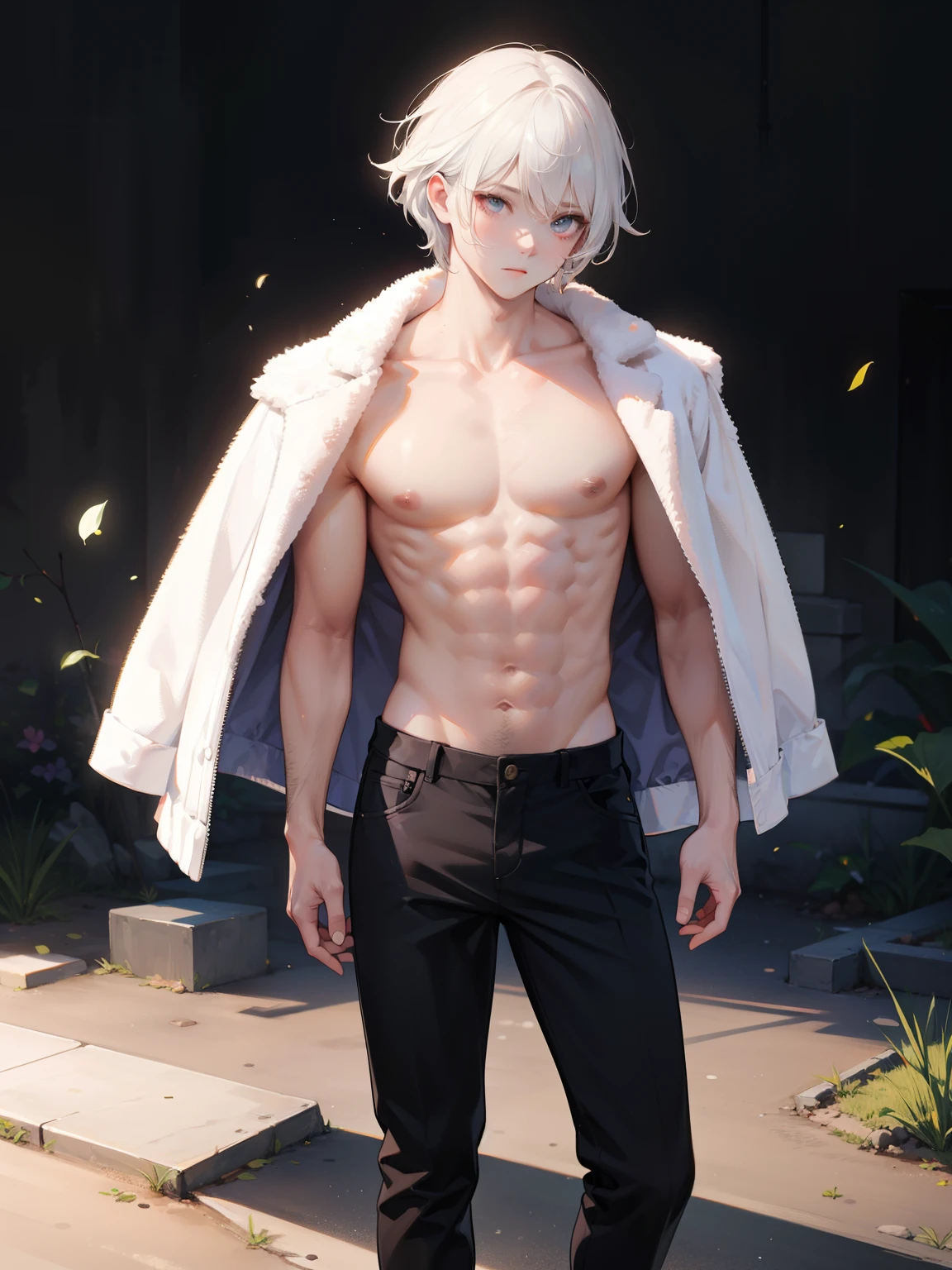 full body view,4K, high resolution, best quality, masterpiece, perfect color, perfectly shaded, perfect lighting, Posted by e621, (by Chun Ni), Humanity, ((portrait)), ((handsome man)), perfect male figure, Short hair detailuscle tissue,chest muscles,abdominal muscles,Naked upper body,Detailed face, perfect face, (stood up), Detailed background, ((Bonifasco Lighting)), (delicate eyes), perfect student,