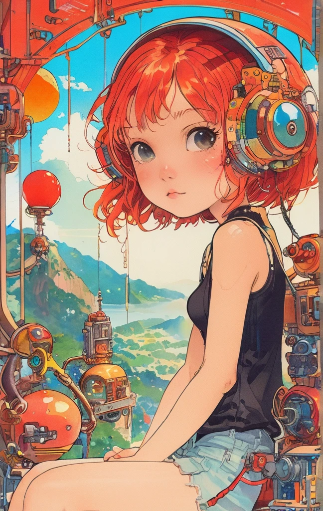 On a bright red campus"YES"Character、A colorful and dreamy anime-style illustration of a young girl with short red hair, sitting amidst a vibrant, mechanical landscape. She is wearing a casual outfit with mechanical leg armor, surrounded by a kaleidoscope of colors and glowing lights. The background is filled with whimsical details and a magical atmosphere