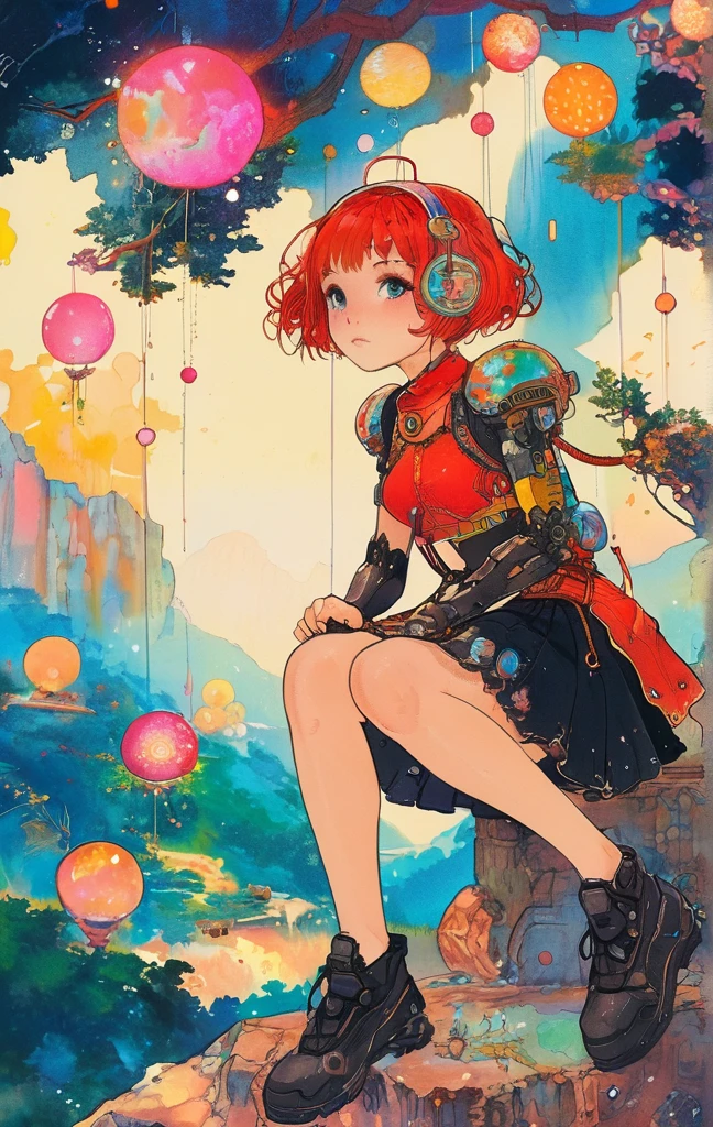 On a bright red campus"YES"Character、A colorful and dreamy anime-style illustration of a young girl with short red hair, sitting amidst a vibrant, mechanical landscape. She is wearing a casual outfit with mechanical leg armor, surrounded by a kaleidoscope of colors and glowing lights. The background is filled with whimsical details and a magical atmosphere