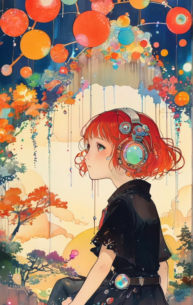 On a bright red campus"YES"Character、A colorful and dreamy anime-style illustration of a young girl with short red hair, sitting amidst a vibrant, mechanical landscape. She is wearing a casual outfit with mechanical leg armor, surrounded by a kaleidoscope of colors and glowing lights. The background is filled with whimsical details and a magical atmosphere