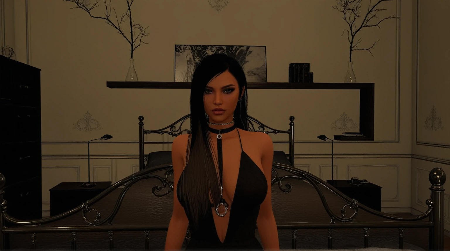 there is a woman in a black dress standing in a bedroom, posing in a bedroom, Second Life-Avatar, imvu, Bedroom Eyes, wears black collar, posing in bed, dominant pose, Full body shot at close range, in a bedroom, In my bedroom, seductive, fascinating woman, sensual, gloomy style, Full body closeup, finstere Pose