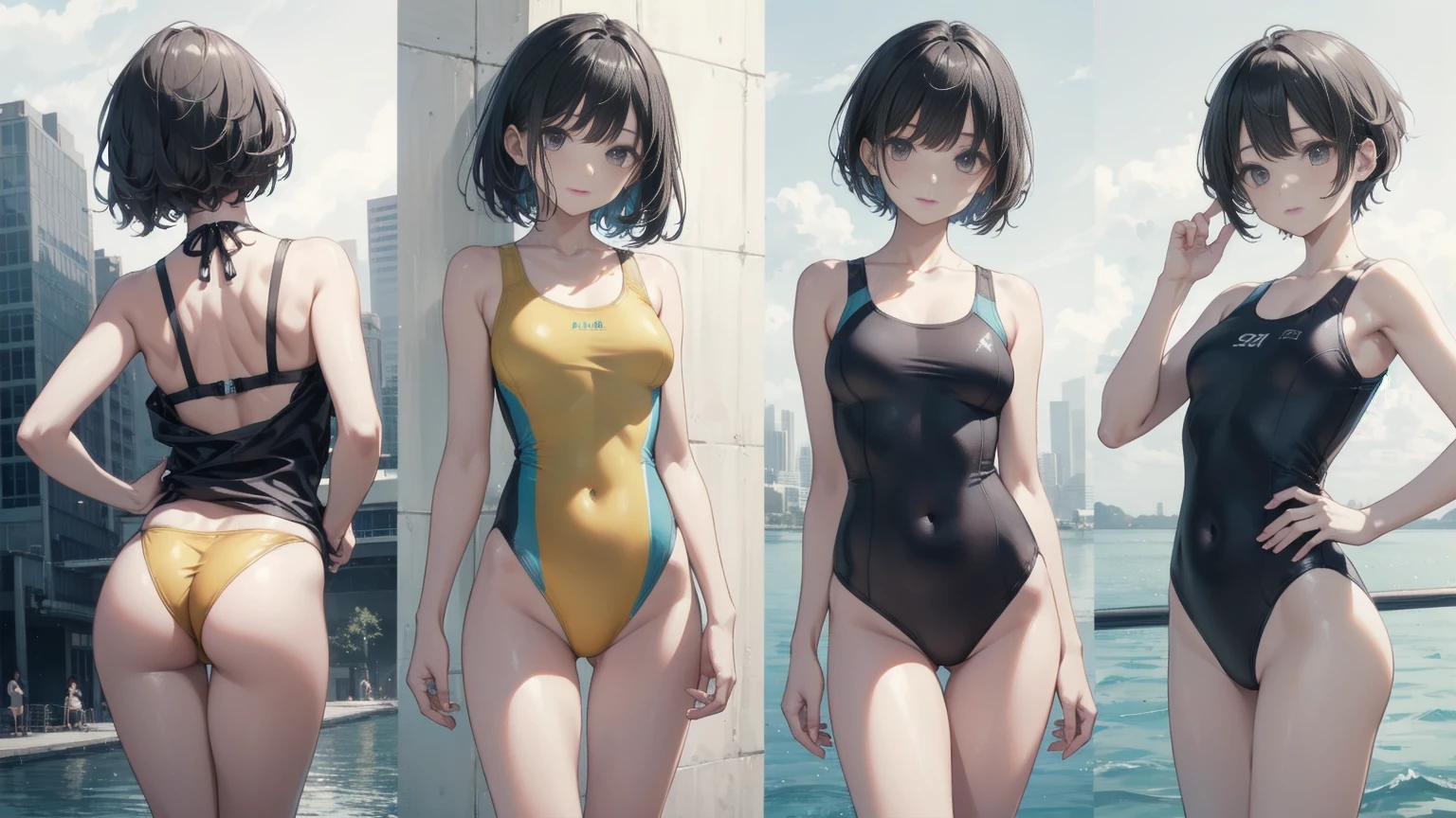 high quality、最high quality、Complete limbs、Ultra-high resolution、Full Finger、short hair、Gray Hair、Slender beauty、Wearing a yellow swimsuit