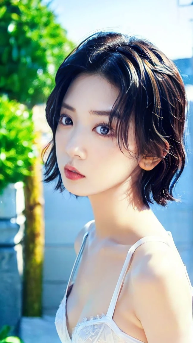 (8k、RAW Photos、highest quality、masterpiece:1.2)、(Realistic、Realistic)、1 Japanese girl、(Short hair)、((Black Hair))、((White Lingerie))、((Petite Woman))、(((Small Breasts)))、Lots of eyelashes、Glowing eyelids、skeletally correct