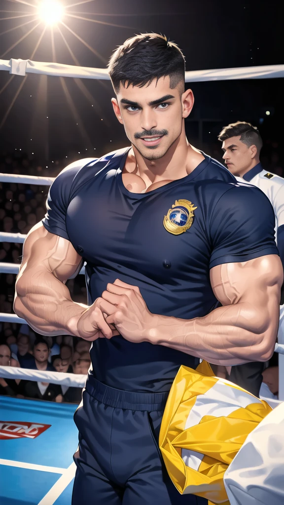 (handsome Man),(Thin mustache:1.1),(crew cut short hair:1.5),black eye,
(navy blue tight-fitting round neck short sleeve T-shirt:1.3),(Police badge:1.3),navy blue cargo pants,(navy_gloves:1,3),(navy_backpack:1.3),(sunglasses:1.3),
Korean guy,chest muscles,large arm muscles,blood vessel,Big muscles,Broad shoulders,(open mouth:1.2),(face up:1.2),(open eyes:1.5),middle of the road,smile,(boxing ring:1.4),