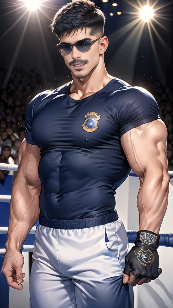 (handsome Man),(Thin mustache:1.1),(crew cut short hair:1.5),black eye,
(navy blue tight-fitting round neck short sleeve T-shirt:1.3),(Police badge:1.3),navy blue cargo pants,(navy_gloves:1,3),(navy_backpack:1.3),(sunglasses:1.3),
Korean guy,chest muscles,large arm muscles,blood vessel,Big muscles,Broad shoulders,(open mouth:1.2),(face up:1.2),(open eyes:1.5),middle of the road,smile,(boxing ring:1.4),