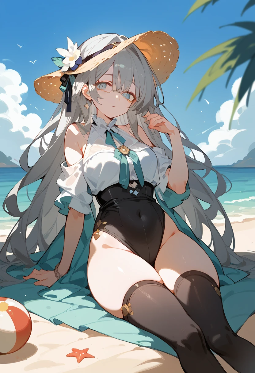 girl, hair ornament, gray hair, long hair, thigh highs, gradient eyes, on beach, sun glasses,