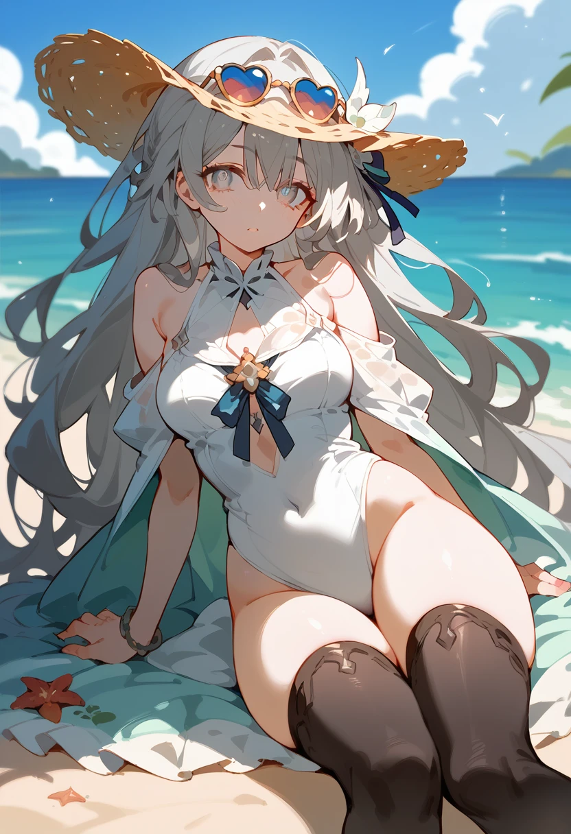girl, hair ornament, gray hair, long hair, thigh highs, gradient eyes, on beach, sun glasses,