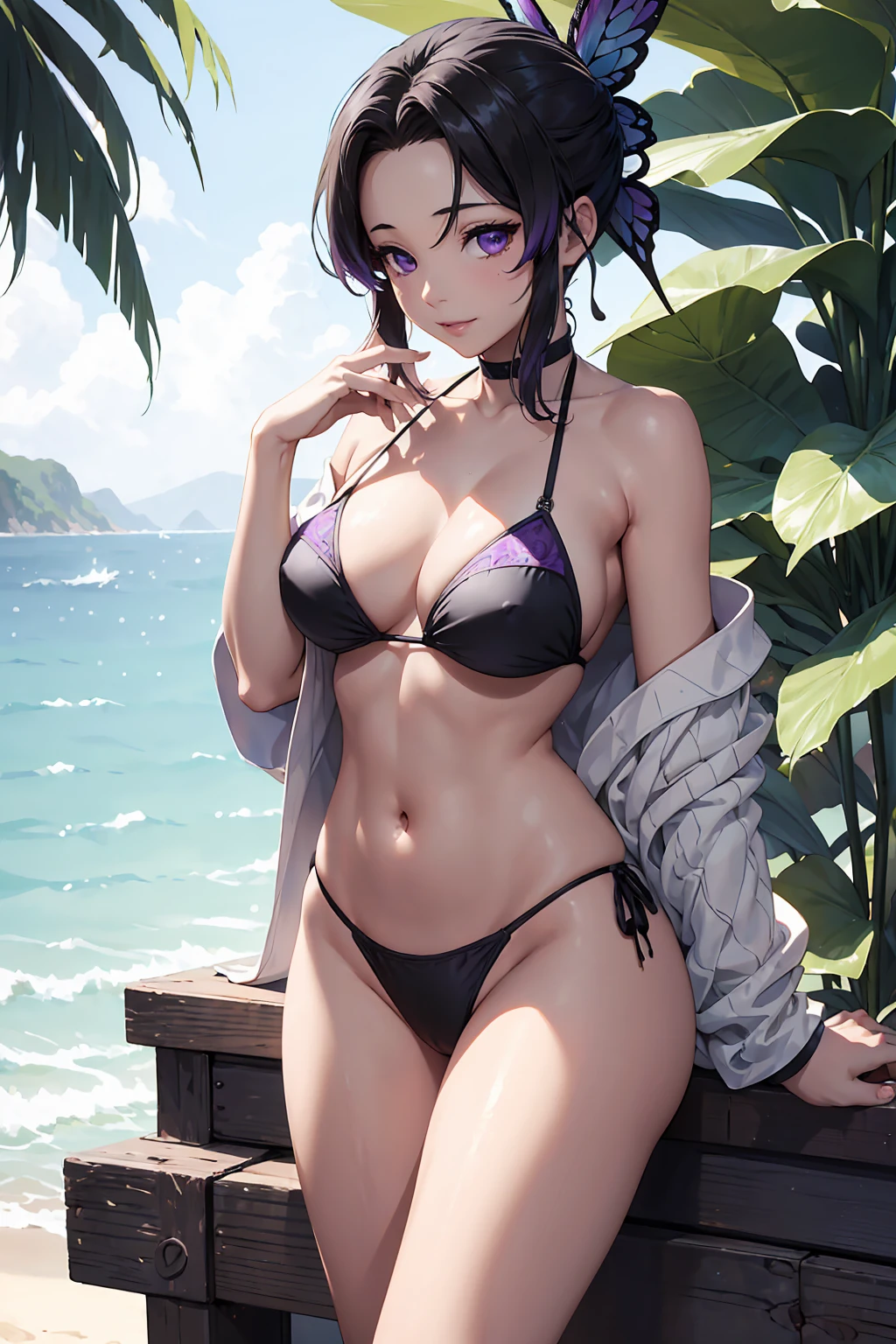 NSFW　Ultra-realistic 8K CG，masterpiece，（（Highly detailed background，Delicate pattern，Intricate detail and top quality，Very very detailed color，Very detailed eyes and facial features，Very fine particles，Section Chief Ren，Colorful Hair，No bangs，Hair Intake，Purple eyes，(((Black Bikini)))++，（Tropical Garden：1.2），Beautiful beach　，Seductive posture，（:1.3)，（Chopping:1.3)，（Off-the-shoulder outfit:1.6)