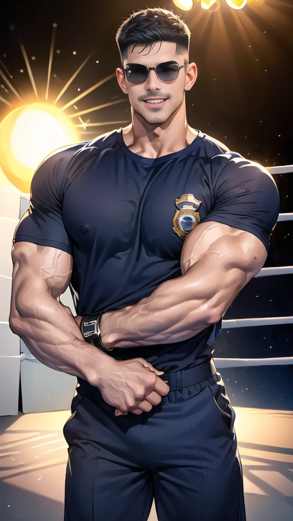 (handsome Man),(Thin mustache:1.1),(crew cut short hair:1.5),black eye,
(navy blue tight-fitting round neck short sleeve T-shirt:1.3),(Police badge:1.3),navy blue cargo pants,(navy_gloves:1,3),(navy_backpack:1.3),(sunglasses:1.3),
Korean guy,chest muscles,large arm muscles,blood vessel,Big muscles,Broad shoulders,(open mouth:1.2),(face up:1.2),(open eyes:1.5),middle of the road,smile,(boxing ring:1.4),