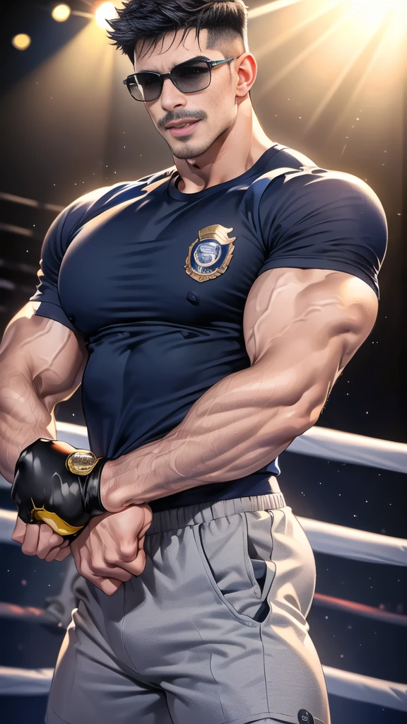 (handsome Man),(Thin mustache:1.1),(crew cut short hair:1.5),black eye,
(navy blue tight-fitting round neck short sleeve T-shirt:1.3),(Police badge:1.3),navy blue cargo pants,(navy_gloves:1,3),(navy_backpack:1.3),(sunglasses:1.3),
Korean guy,chest muscles,large arm muscles,blood vessel,Big muscles,Broad shoulders,(open mouth:1.2),(face up:1.2),(open eyes:1.5),middle of the road,smile,(boxing ring:1.4),