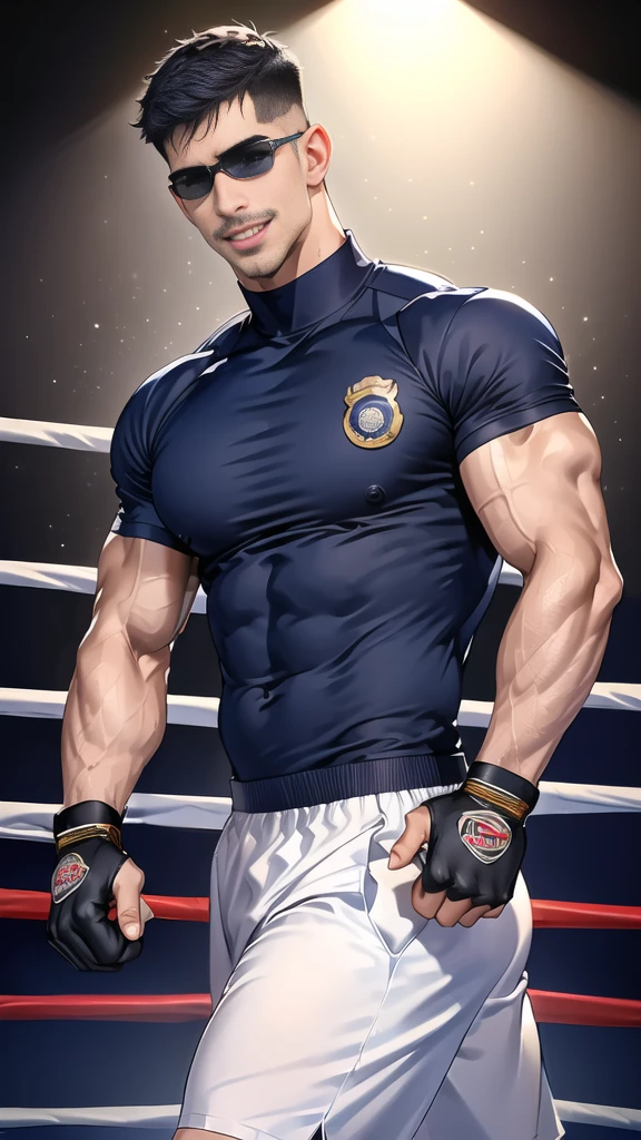 (handsome Man),(Thin mustache:1.1),(crew cut short hair:1.5),black eye,
(navy blue tight-fitting round neck short sleeve T-shirt:1.3),(Police badge:1.3),navy blue cargo pants,(navy_gloves:1,3),(navy_backpack:1.3),(sunglasses:1.3),
Korean guy,chest muscles,large arm muscles,blood vessel,Big muscles,Broad shoulders,(open mouth:1.2),(face up:1.2),(open eyes:1.5),middle of the road,smile,(boxing ring:1.4),