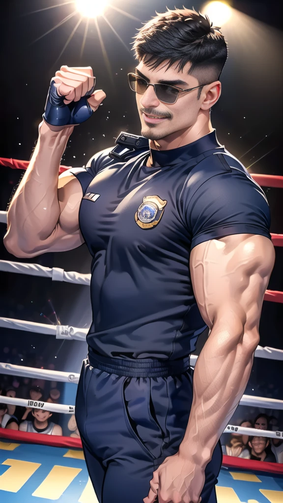 (handsome Man),(Thin mustache:1.1),(crew cut short hair:1.5),black eye,
(navy blue tight-fitting round neck short sleeve T-shirt:1.3),(Police badge:1.3),navy blue cargo pants,(navy_gloves:1,3),(navy_backpack:1.3),(sunglasses:1.3),
Korean guy,chest muscles,large arm muscles,blood vessel,Big muscles,Broad shoulders,(open mouth:1.2),(face up:1.2),(open eyes:1.5),middle of the road,smile,(boxing ring:1.4),