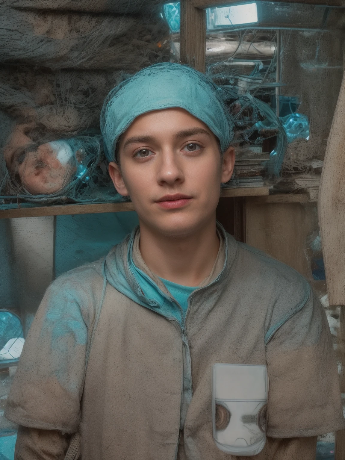 A beautiful young male twink, cute, with black hair and a face with make-up, wearing a long-sleeved white shirt and aqua blue pants, and he is in his office, and behind him is a blackboard on which is written the shape of the brain and its anatomy, and nuclear energy comes out of it, and he has a face with make-up and his eyes. Underneath are dark circles while he is sitting, and he appears innocent, with a beautiful face with make-up on, while he is sitting at a luxurious desk with books, and neon energy comes out of it, and he has a face with make-up on, and his cheeks are red.