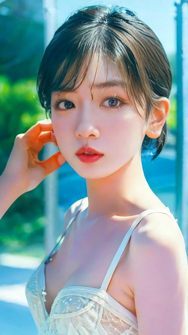(Best Quality, 8k, 32k, Masterpiece, UHD:1.2), Cute Japan Woman Pictures, 1 Girl, (Big), (Tall Women), (Abs), (Lips), (Medium Short Golden Hair), Double Eyelids, Wet Skin, T-Back, Realistic Rays, Beach