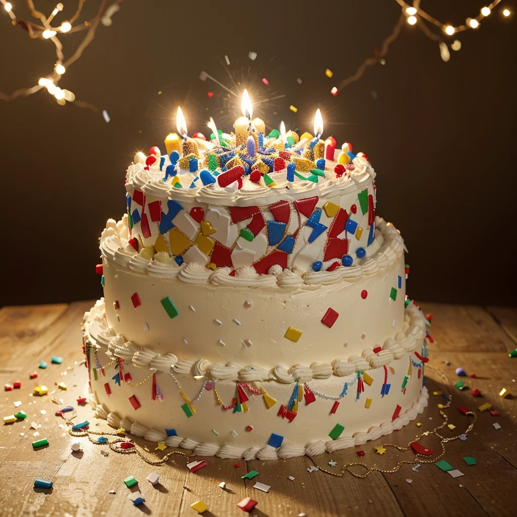 Close-up. Happy birthday !!! Big beautiful birthday cake with candles, festive balls, sparks, lights, confetti. Photorealistic, cinematic. In the style of an oil painting. Blurred background. Light haze.