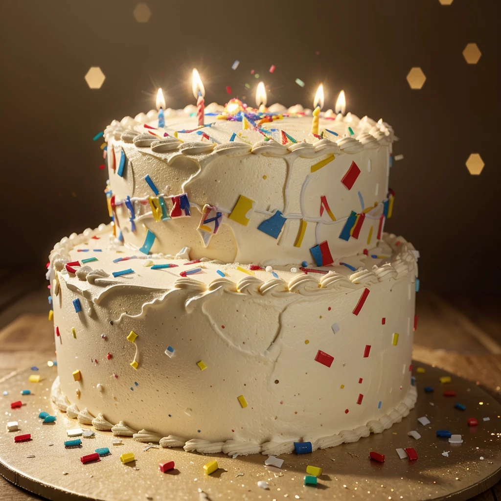 Close-up. Happy birthday !!! Big beautiful birthday cake with candles, festive balls, sparks, lights, confetti. Photorealistic, cinematic. In the style of an oil painting. Blurred background. Light haze.