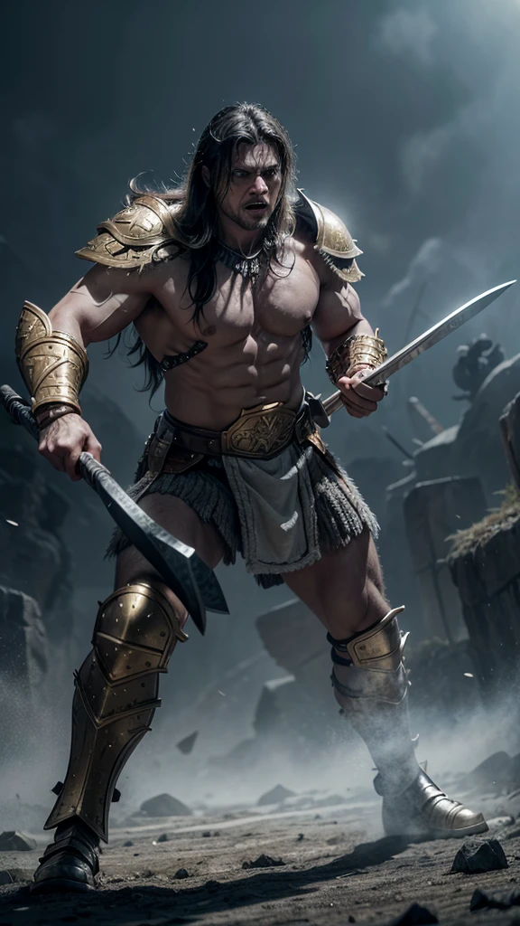 a barbarian warrior in grey and white armor with golden trim, wielding an axe in a battlefield against a mythical creature, highly detailed, epic battle scene, volumetric lighting, cinematic composition, dramatic shadows, vibrant colors, intricate textures, masterpiece