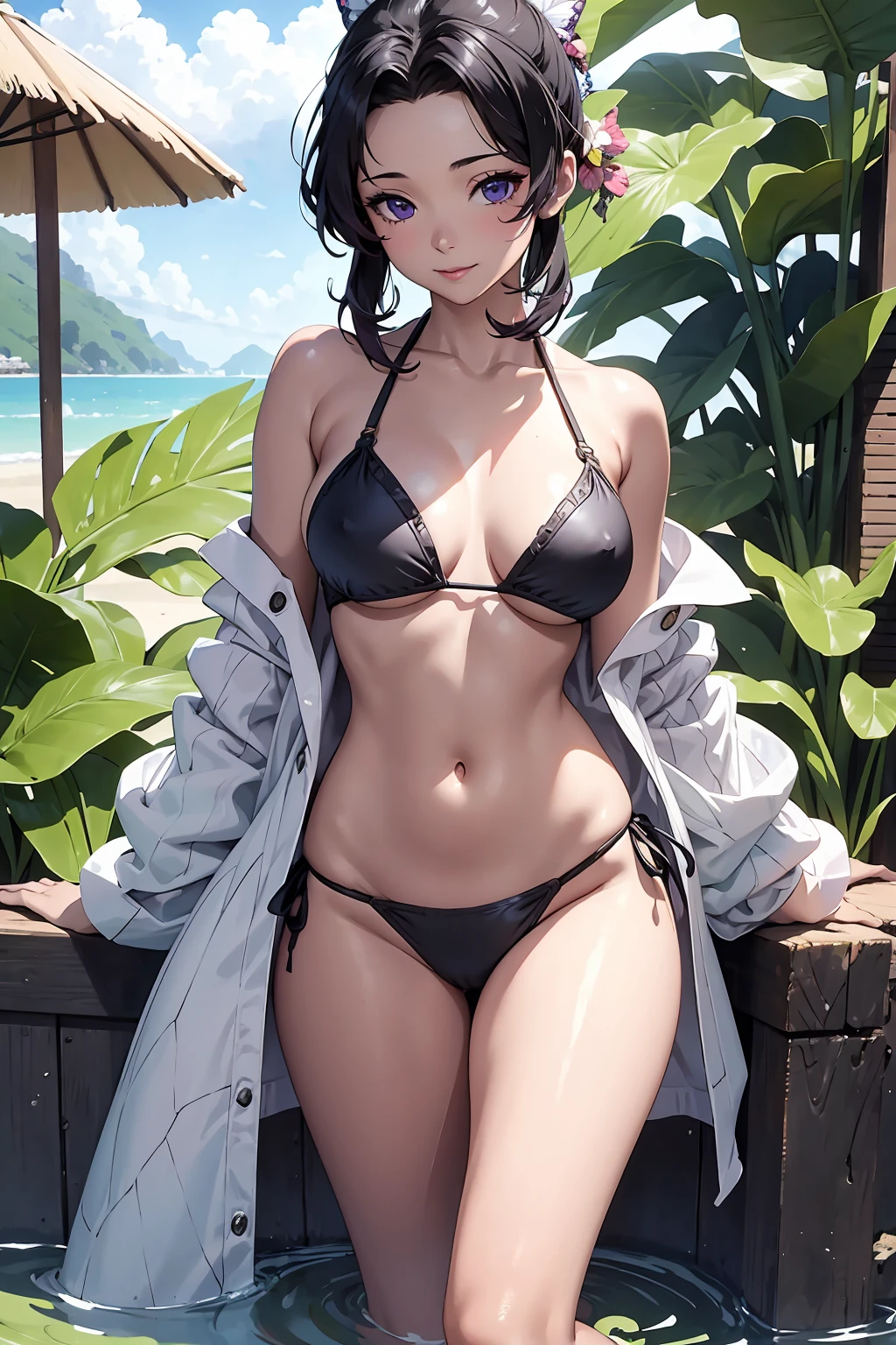 NSFW Ultra-realistic 8K CG,masterpiece,((Highly detailed background,Delicate pattern,Intricate detail and top quality,Very very detailed color,Very detailed eyes and facial features,Very fine particles,Section Chief Ren,Colorful Hair,No bangs,Hair Intake,Purple eyes,(((Black Bikini)))++,(Tropical Garden:1.2),Beautiful beach ,Seductive posture,(:1.3),(Chopping:1.3),(Off-the-shoulder outfit:1.6)
