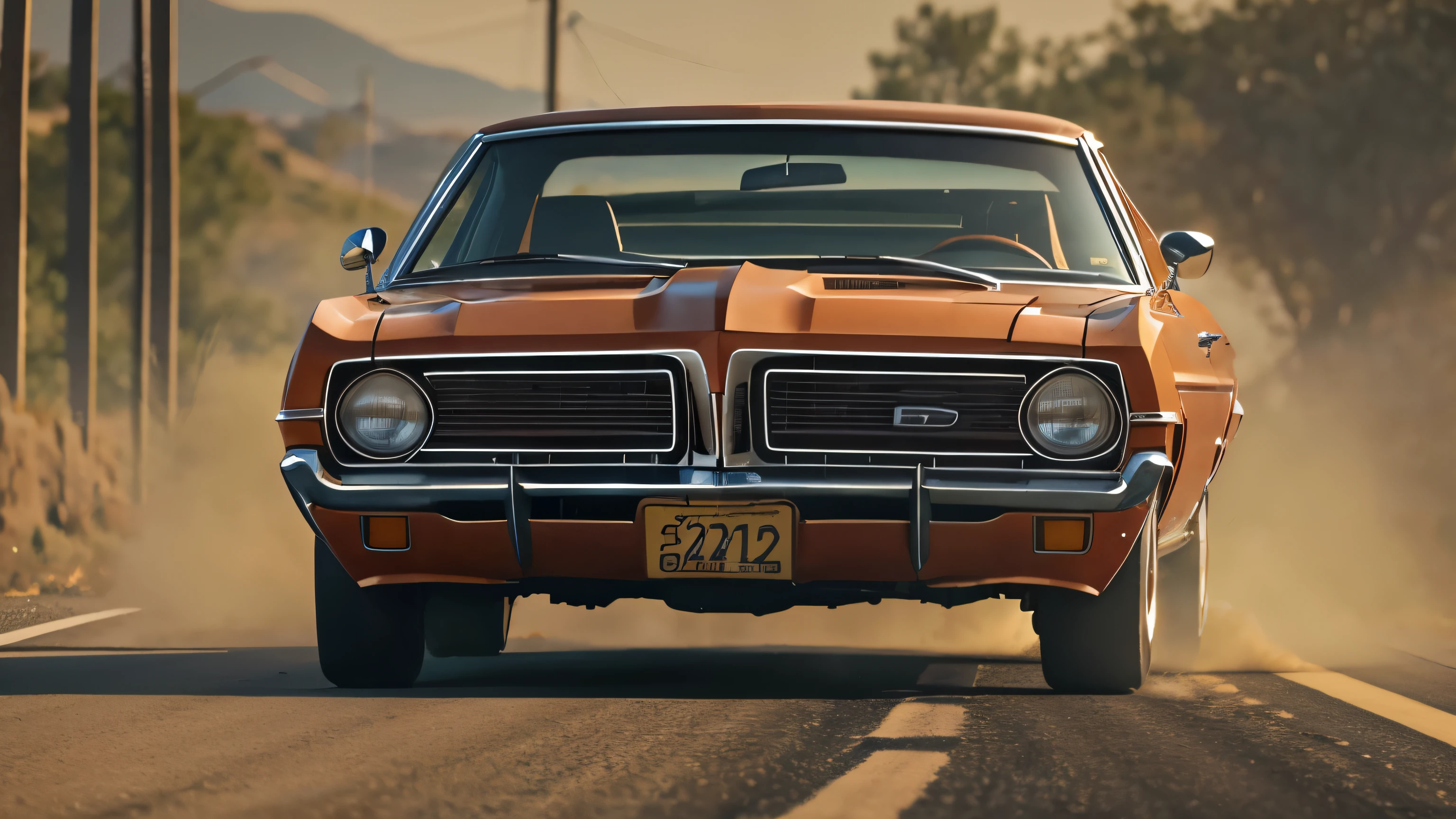 1970s "Ford Mustung" driving down the freeway with the road on fire, cinematic action, cinematic lighting, backlighting, masterpiece, anatomically correct, textured skin, super detail, 8k atmospheric perspective, depth of field,