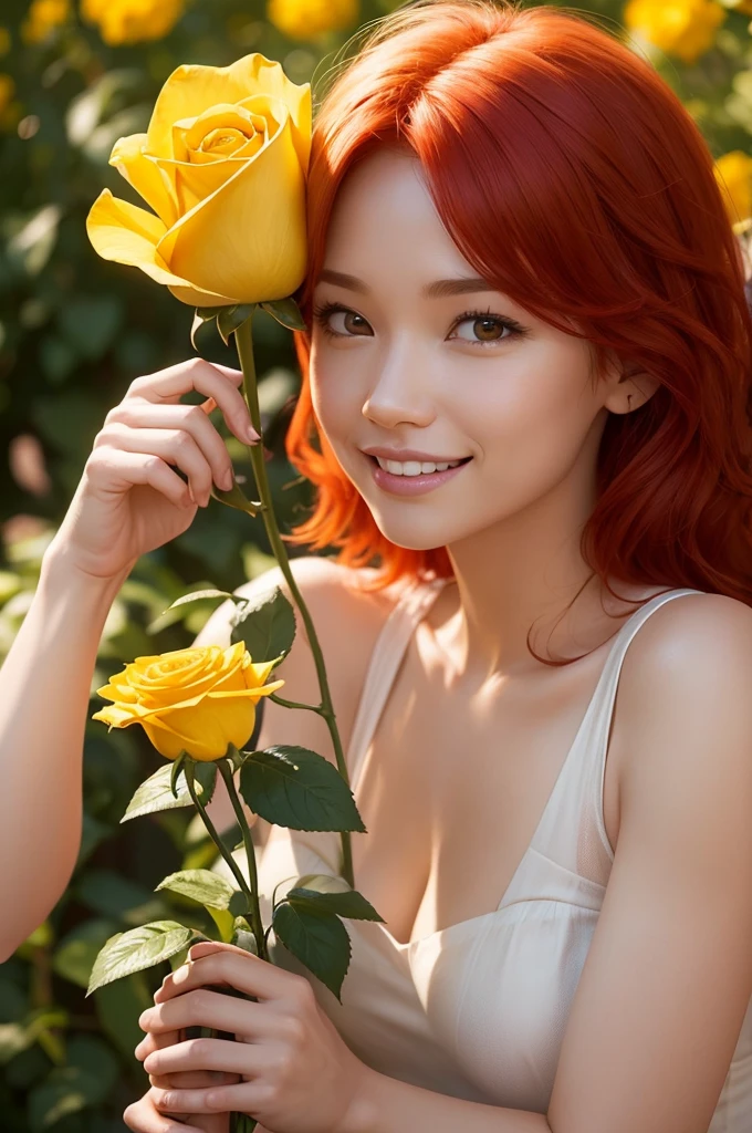 I want a photo of an emotion from the fun Pixar film. with red hair, yellow skin, who is holding a rose and happy