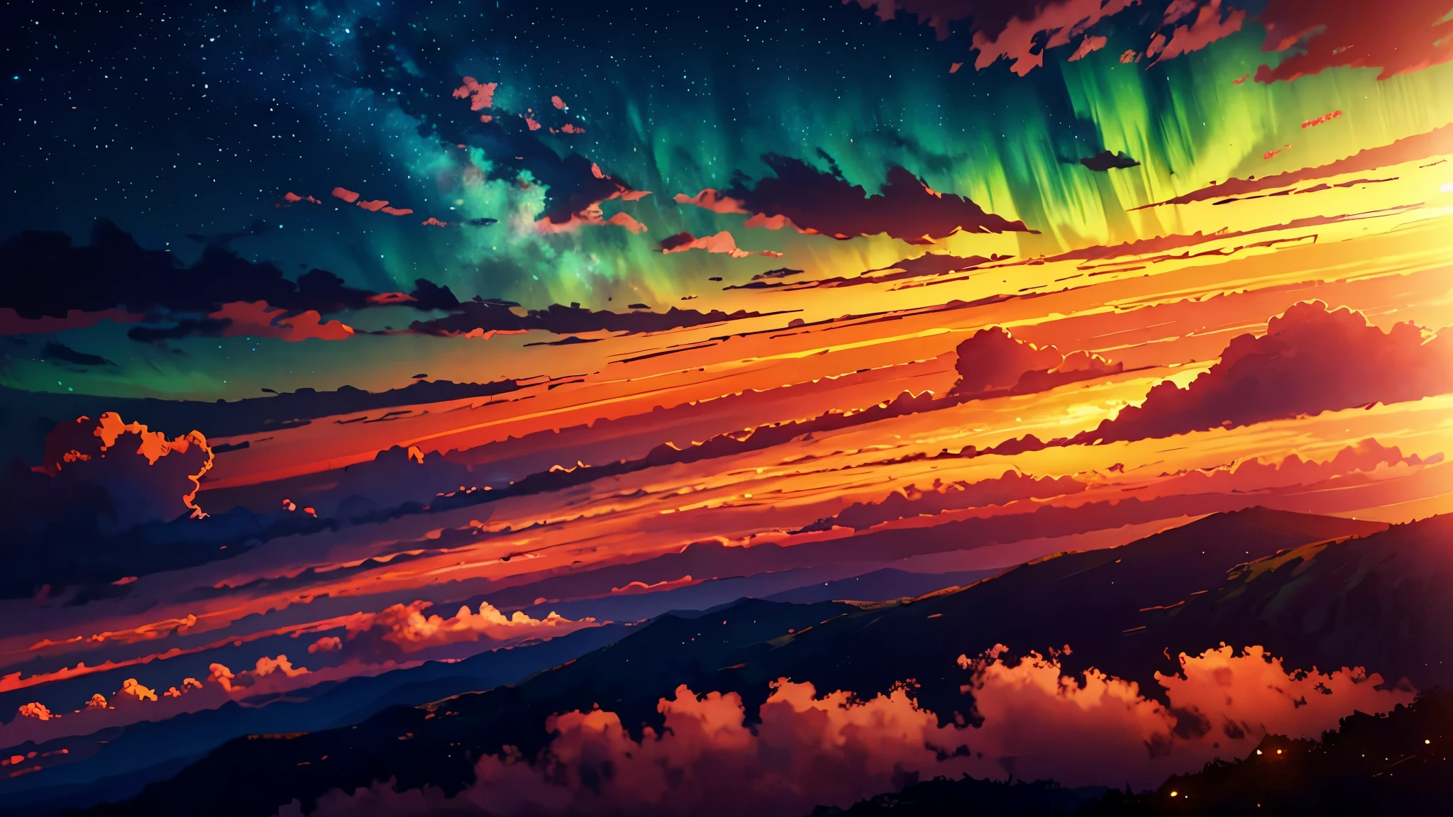 Anime-style digital painting of a horizon landscape with a sunset and aurora, amazing, Atmospheric,Soft and warm sunset light low angle, A palette of soft tones, such as pink, to accentuate the horizon, Orange and blue