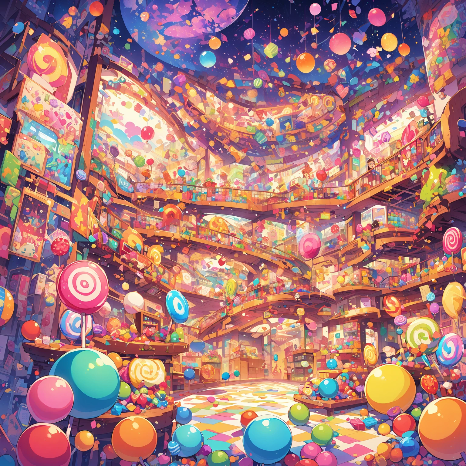 Colorful candy-themed shopping mall，Contains giant lollipop, Candy bars, and chocolate bars decorating the walls, Create a charming atmosphere，Let your children explore the sweet dream world. Artwork focuses on faces. 