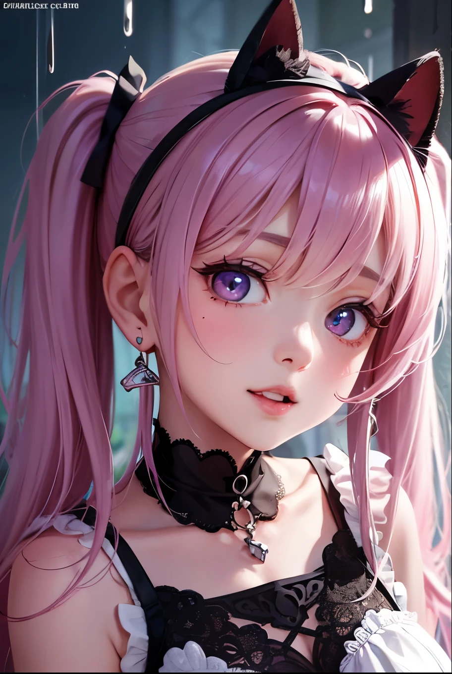 masterpiece, best quality, highly detailed, high resolution, expensive resolution, high resolution, 4k, 8k, uniform 8k wallpaper, highly detailed CG, masterpiece, 2d, 3d, beautiful details, depth, fine texture, best quality: 1.3, perfectly focused, sharp. skin, him, very cute anime girl, her name is Mei, short pigtails, idol, in the rain, expensive pink short pigtails, mole under eye, looking at the viewer, expensive, blush, mole, open lips, pink eyes, heart shaped choker, smiling face
