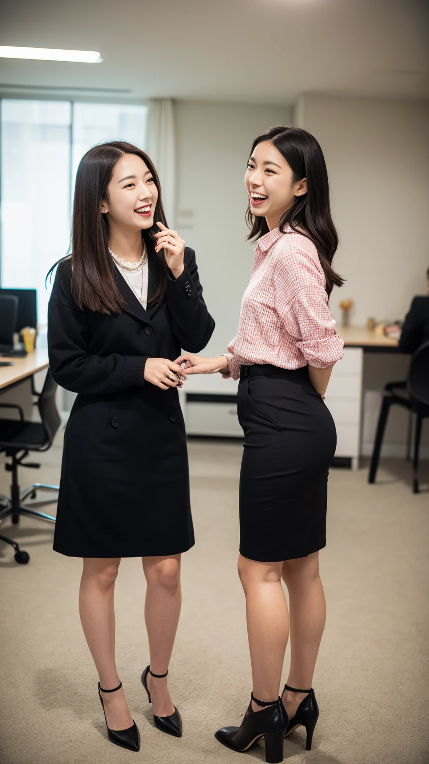 (Highest quality, masterpiece, Photo Real, Super detailed, Ultra-high resolution:1.3), (Two girls laughing at the camera), beautiful, Japanese, 20-year-old, (Pencil Skirt), (Looking at the camera and laughing with his mouth wide open), high waist, office, (Long legs, High heels, whole body:1.2)